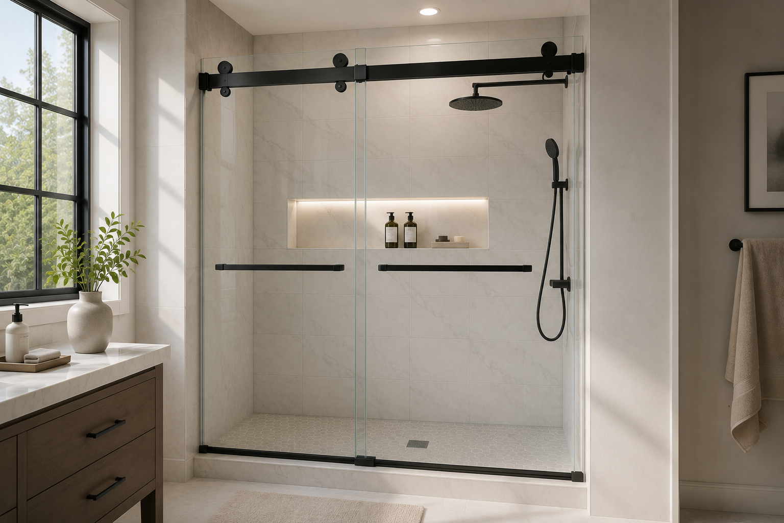 Black frameless sliding shower door in a modern bathroom