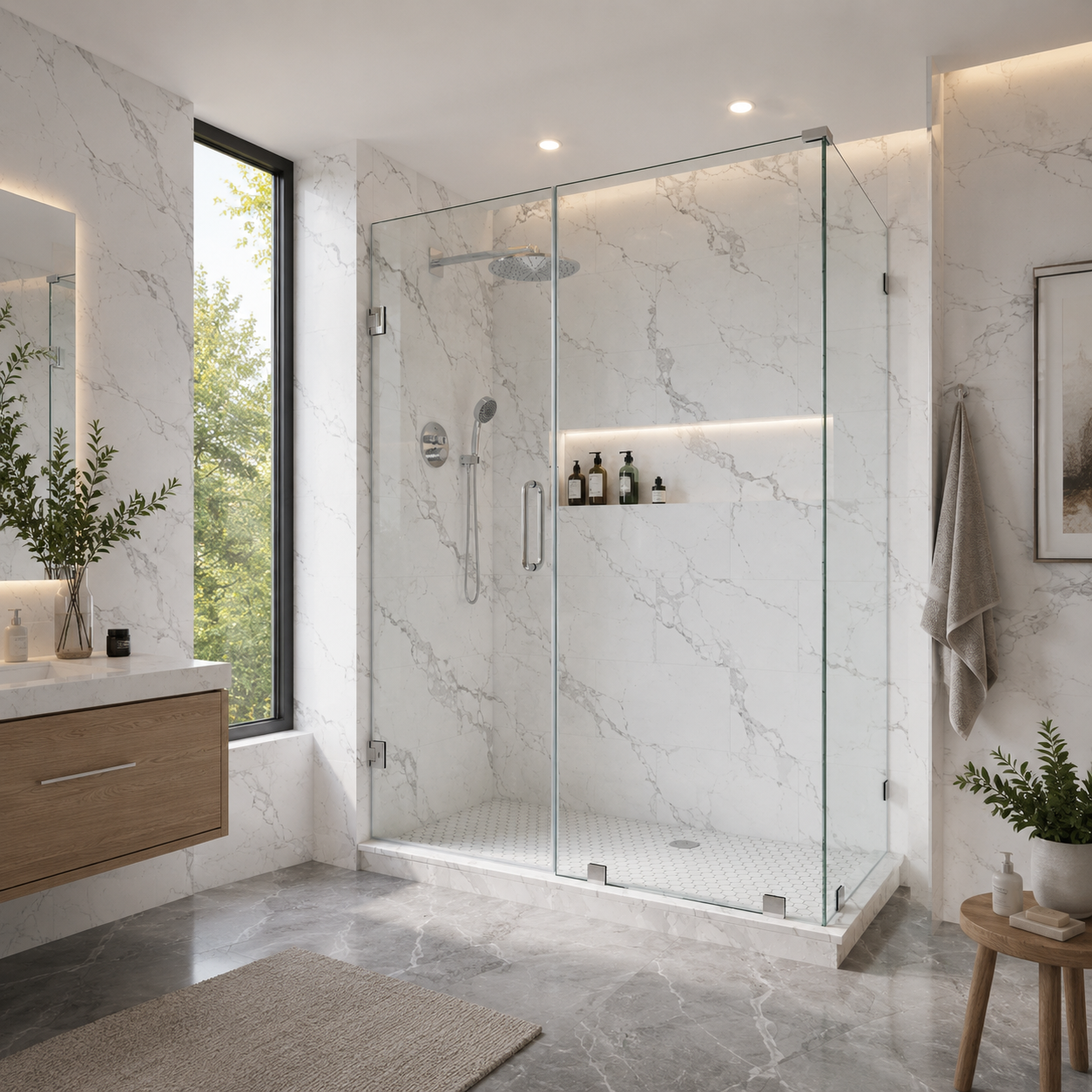 Frameless swing shower door with a fixed glass panel in a modern bathroom
