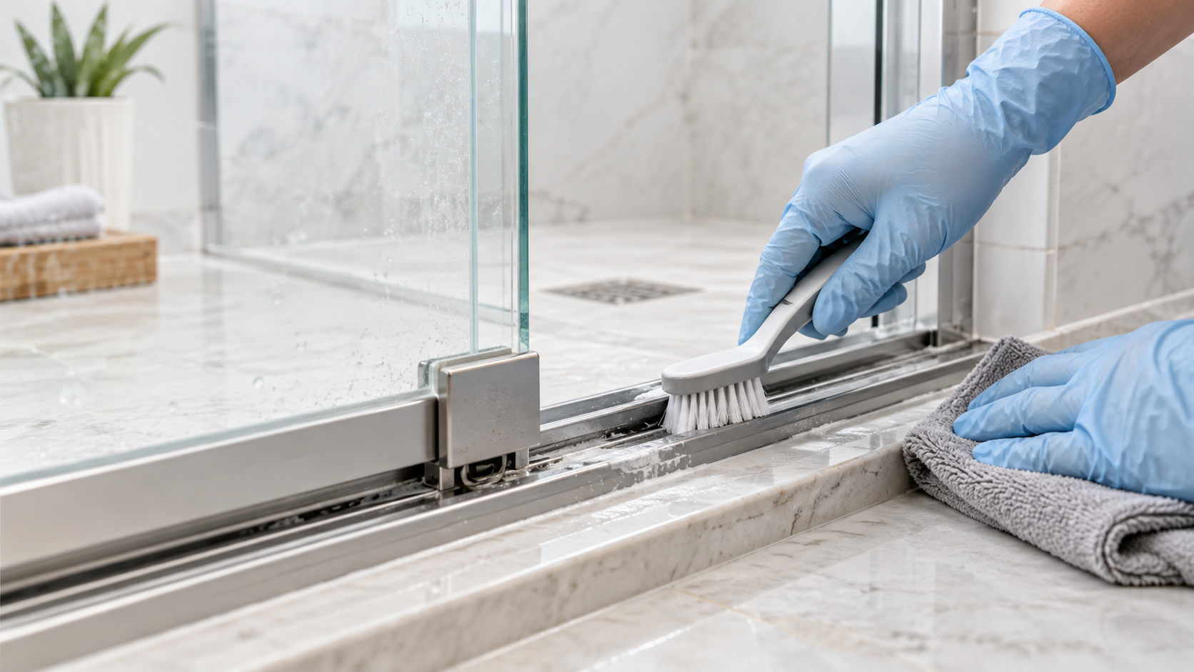 Soft brush cleaning soap buildup from an aluminum sliding shower door track