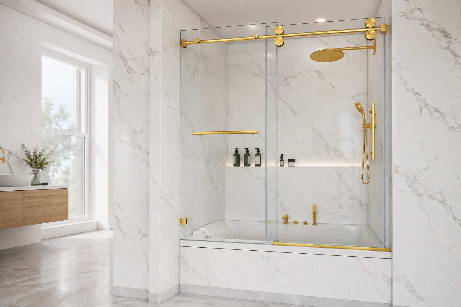 BAKIWHS BS04 frameless sliding bathtub shower door with brushed gold rollers and top rail in a white marble bathroom