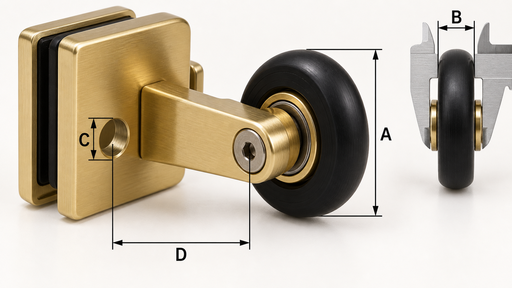 Shower door roller diagram showing wheel diameter, thickness, mounting hole and axle offset measurements