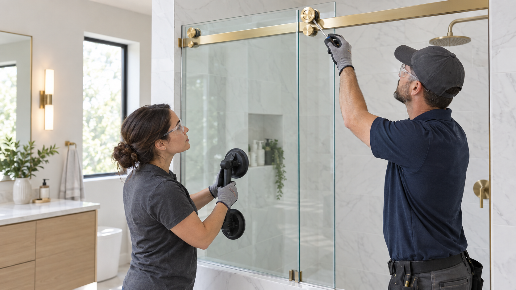 Two installers supporting a sliding glass shower door while checking its top roller assembly