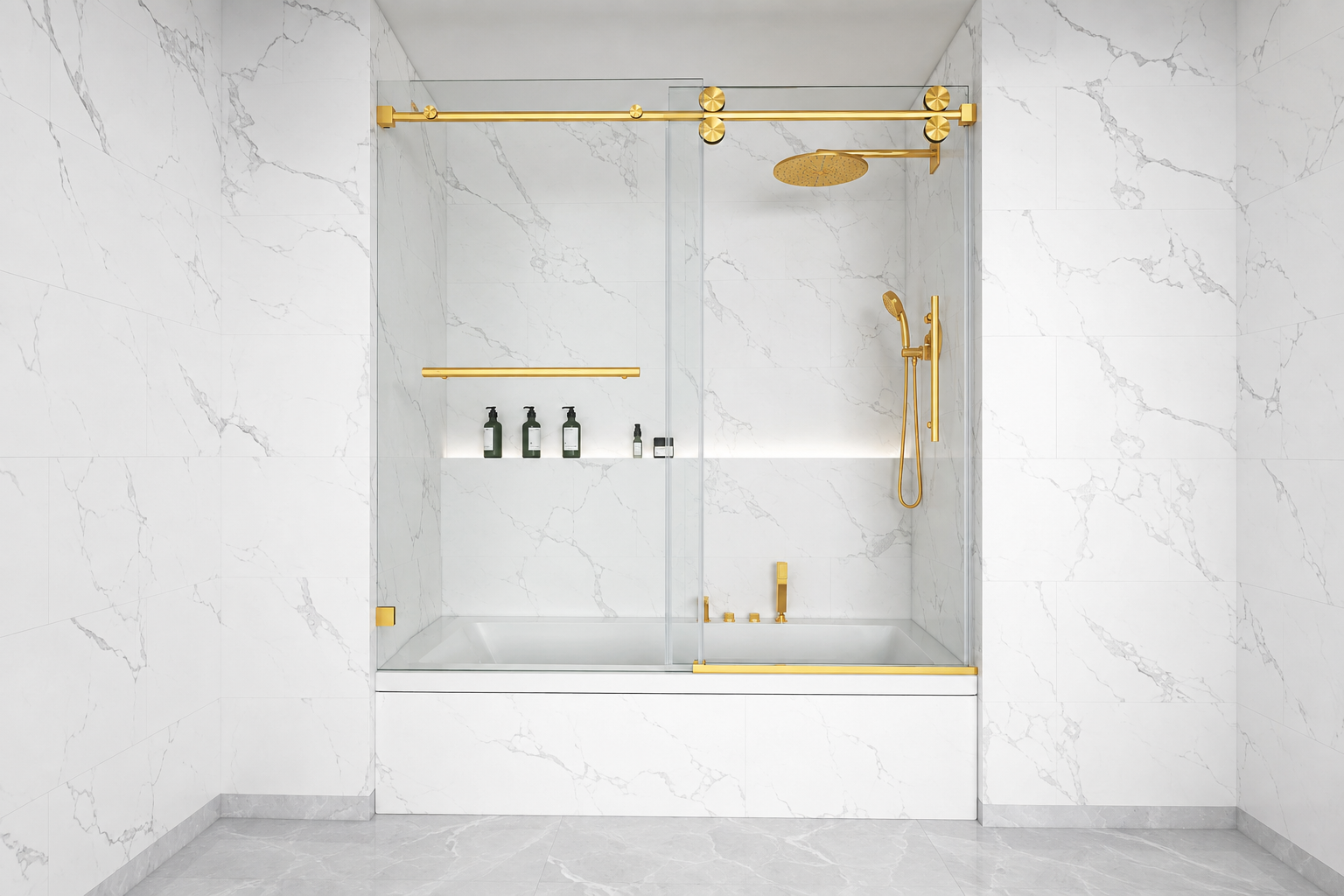 Front view of a BAKIWHS BS04 sliding bathtub shower door showing the gold top rail and aligned glass panels