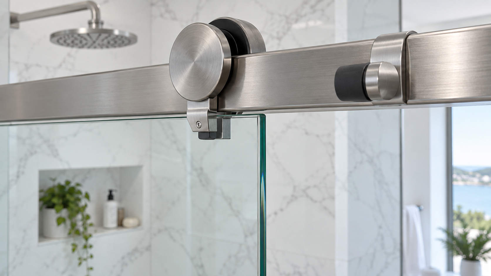 Close-up of an anti-jump device and travel stop fitted beneath a sliding shower door rail