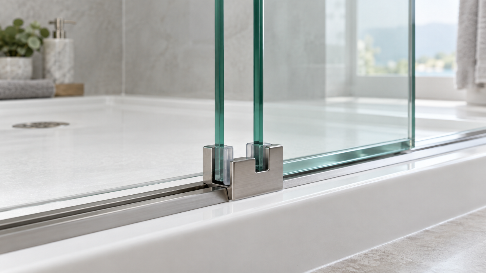 Close-up of a clear sliding shower door seated correctly in a bottom guide