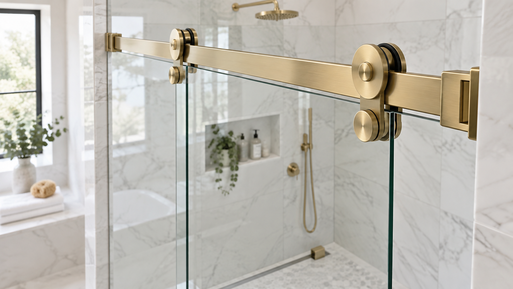 Close-up of a sliding glass shower door roller, top rail, mounting bracket and bottom guide