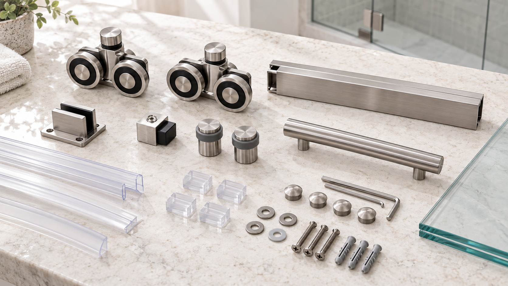 Labeled-style arrangement of sliding shower door rollers, rail, bottom guide, stops, handle and seals without text