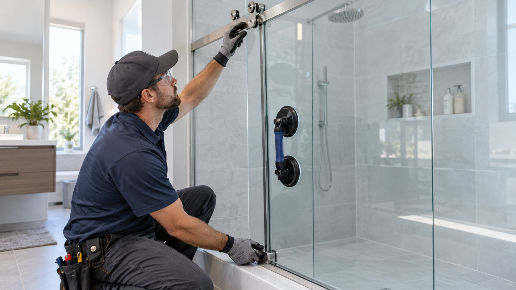 Installer inspecting the roller and bottom guide of a sliding glass shower door