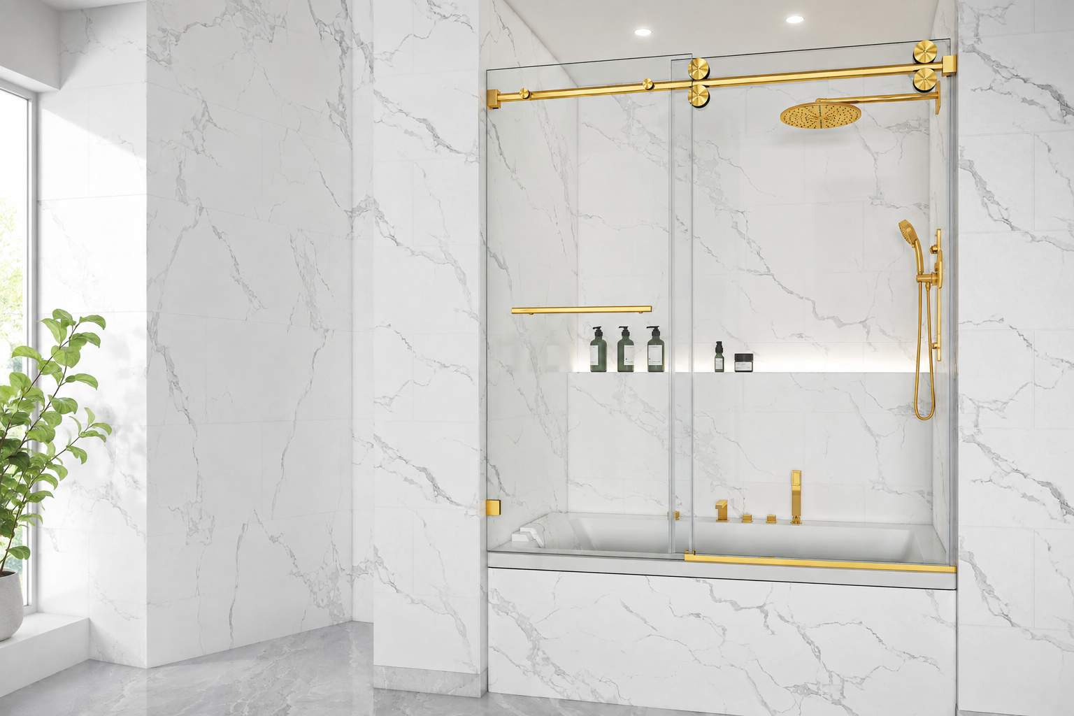 BAKIWHS BS04 brushed gold sliding shower door showing its round rollers, top rail and bottom guide for repair inspection