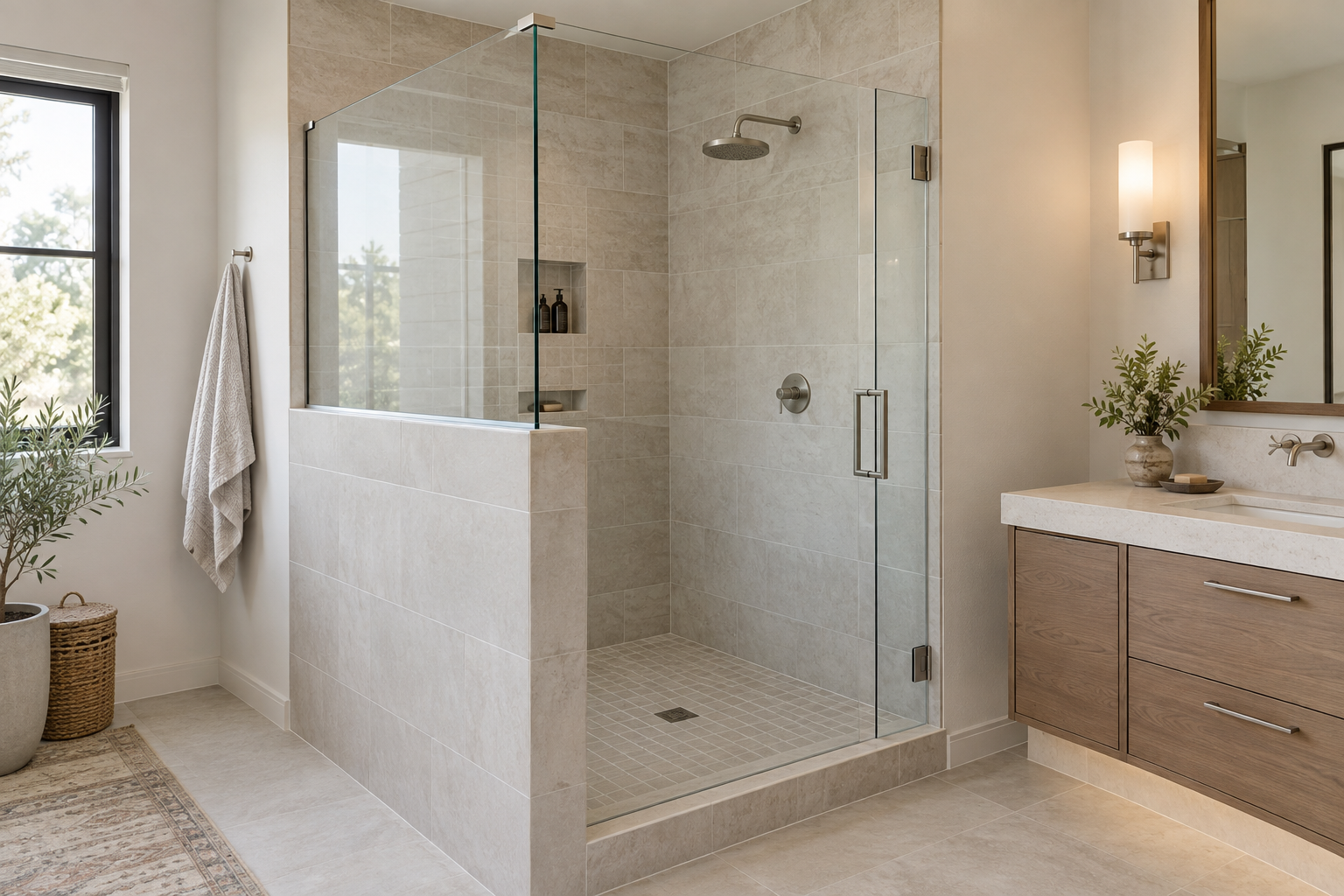 Illustrative corner shower with a tiled half wall, clear upper glass and a separate hinged glass entrance