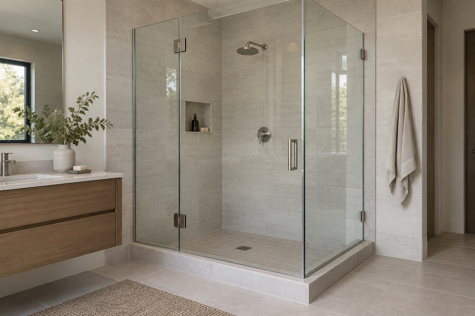 Illustrative corner shower with clear glass panels and a hinged entrance in a modern bathroom