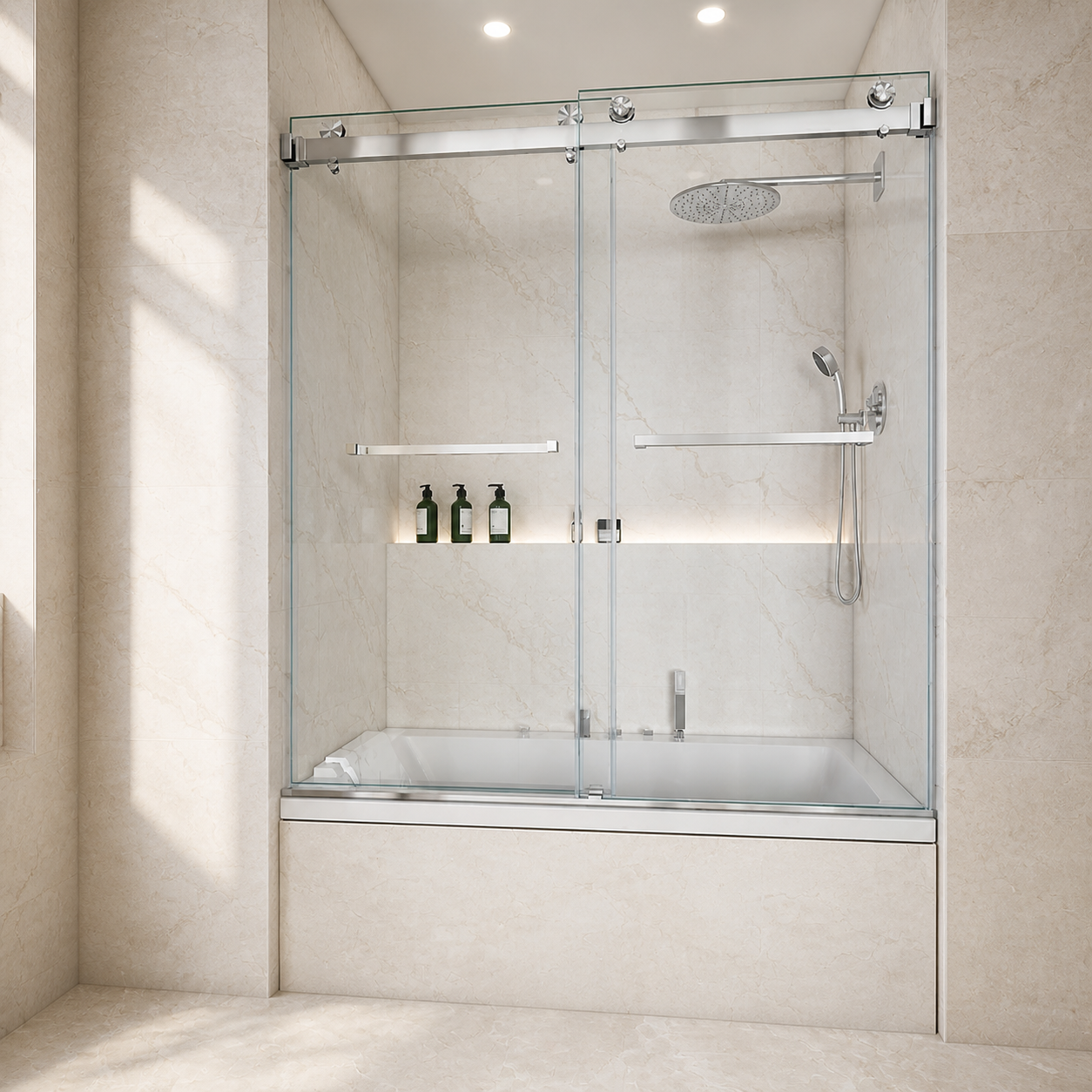 sliding bathtub shower doors in a warm modern stone bathroom