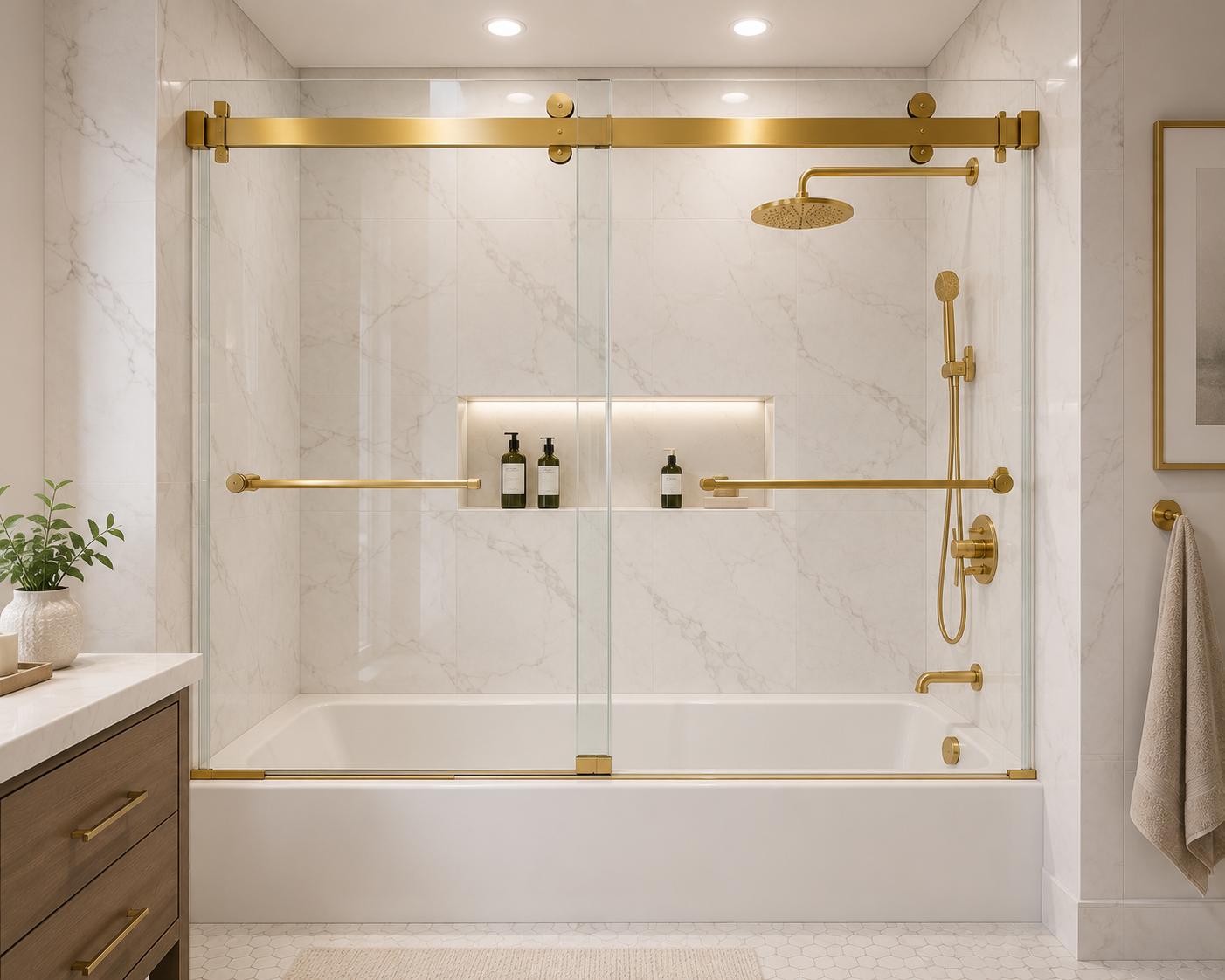 Gold framed sliding bathtub shower doors