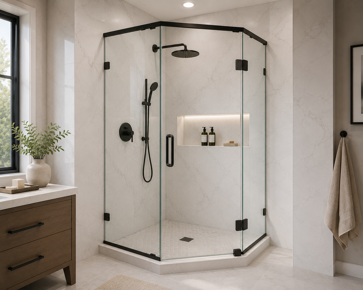 Black framed corner shower enclosure