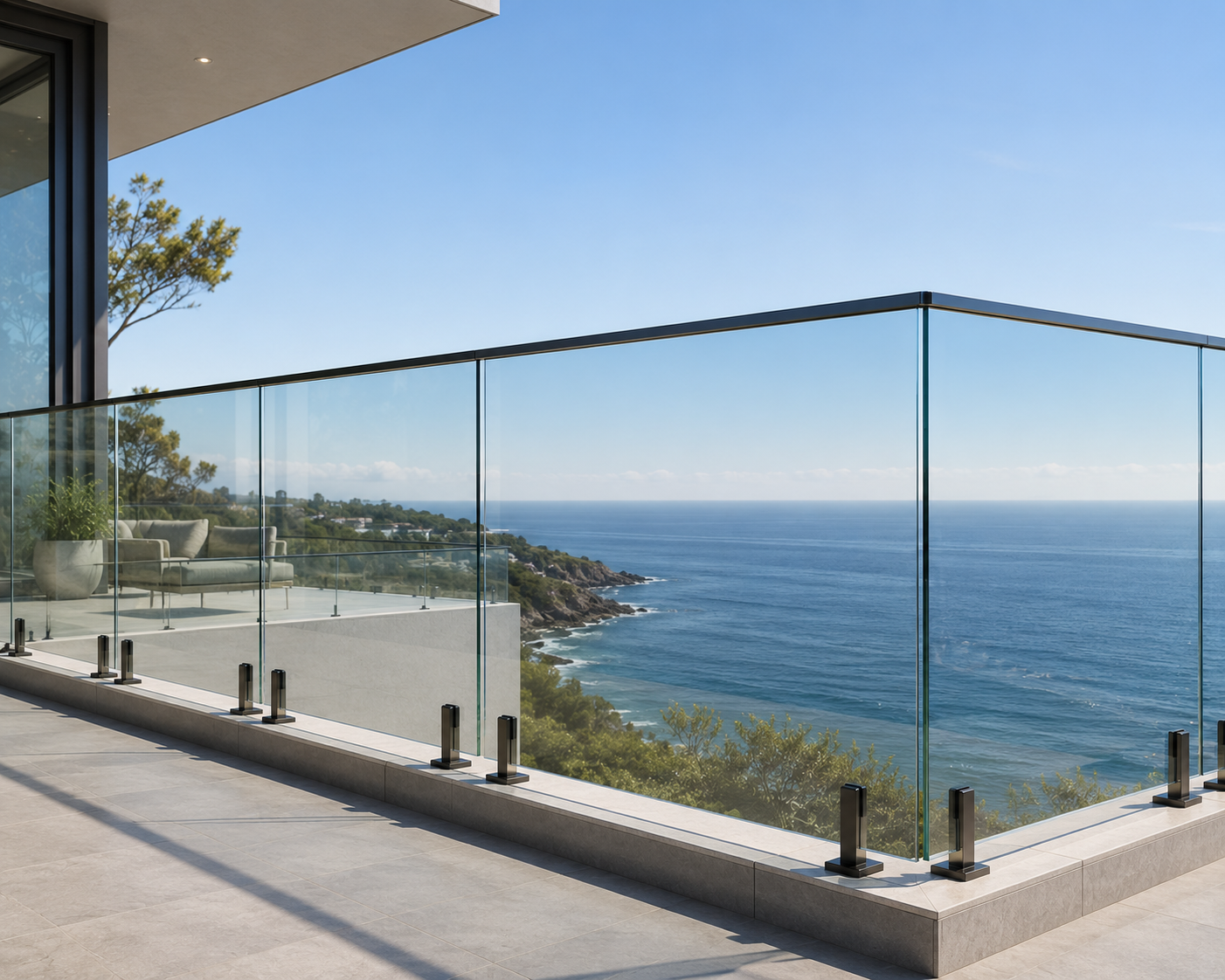 Frameless glass railing overlooking the ocean