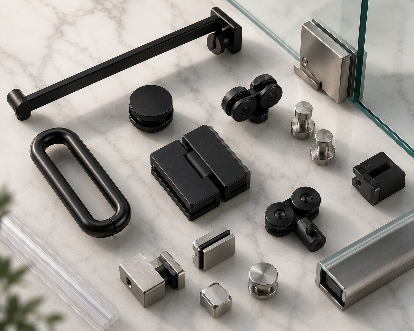 Black and brushed nickel shower door hardware