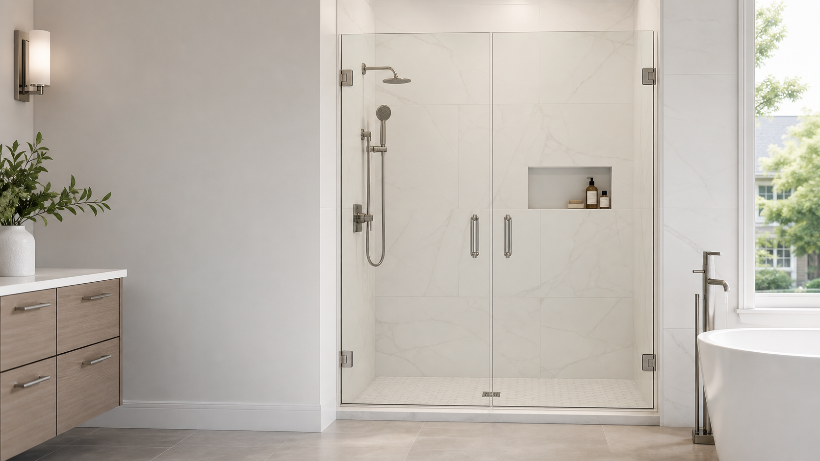 BAKIWHS custom two-panel frameless shower door in a modern American bathroom
